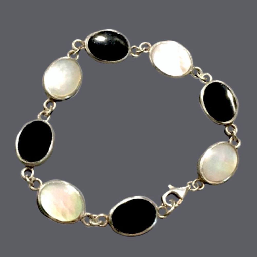 Sterling Bracelet Comprised of Alternating Links of Black Onyx & Mother of Pearl